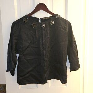 Satin Dark Blue Zara Shirt w/ Stone Brooches (Size S, Never Worn)